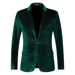 Men's slim fit dark green velvet blazer with single button closure