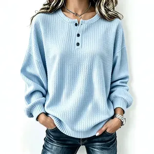 Vrouwen Casual Wafelbrei Henley Sweatshirt Knoopsluiting Ronde Hals Losse Pasvorm Lange Mouw Polyester Jacquard Top Kleding