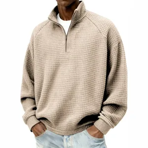 Sweatshirt Homme Rétro en Maille Gauffrée Demi Fermeture Éclair Col Montant Couleur Unie Manches Longues Haut Décontracté Ample Pullover en Polyester
