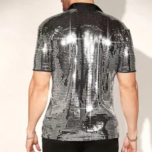 Back view of trendy men's silver sequin short-sleeve shirt with color block collar