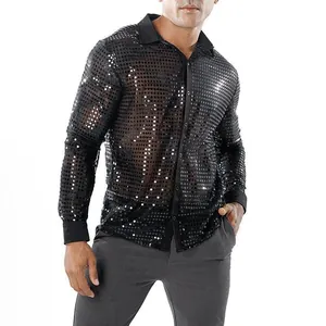 Detailansicht des schwarzen Pailletten-Mesh-Hemdes für Herren, 70er Jahre Disco