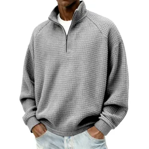 Sweat-shirt gris vintage pour hommes avec fermeture éclair quart et maille gaufrée