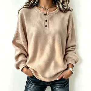 Casual beige wafelgebreid henley sweatshirt met knoopsluiting voor dames kleding