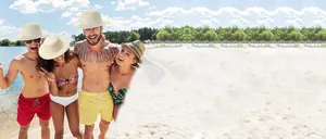 Diverse group of friends wearing stylish summer straw hats at a sunny beach resort