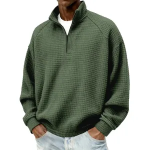 Sweat-shirt vintage pour homme à demi-fermeture éclair, maille gaufrée vert armée et coupe ample