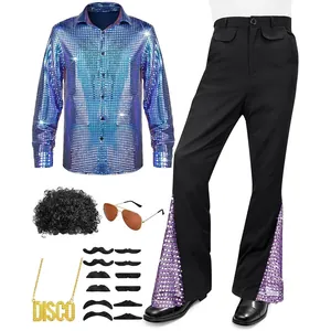 Set costume disco anni '70 da uomo con camicia di paillettes, pantaloni e accessori
