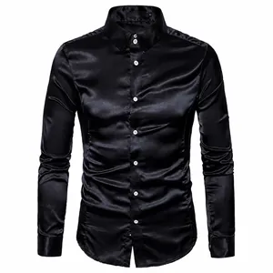 Herren Casual Mode Glänzender Satin Langarm Umlegekragen Hemd Für Geschäft Party Herrenkleidung Top