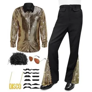 70s men's disco costume set with gold sequin shirt, bell bottoms, wig, and necklace