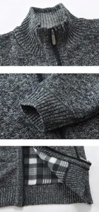 Detailed views of grey knit cardigan showing texture, zipper, and warm flannel lining.