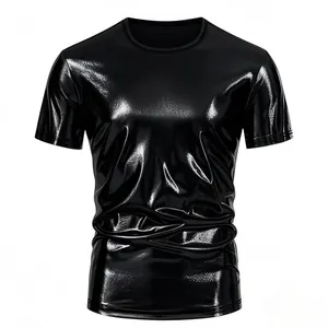 Detailed view of men's shiny metallic black T-shirt perfect for stage and party events