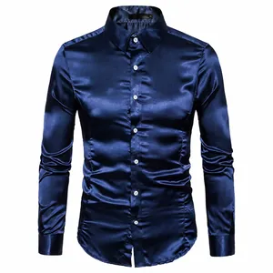 Camisa de satén azul marino brillante para hombre, de manga larga y corte entallado