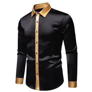 Elegantes Herren-Satinshemd in Schwarz und Gold mit Kontrastkragen und Manschetten