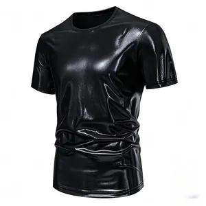 Detail view showcasing the high-gloss metallic texture of a black men's crew neck T-shirt