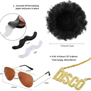 Complete 70s Disco costume accessories set with wig sunglasses necklace and mustache