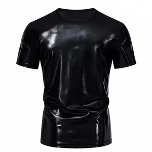 Detailed view of black shiny short-sleeved men's T-shirt for stage performances