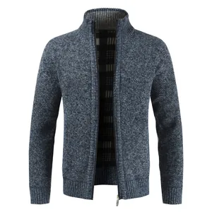 Men's Casual Knit Cardigan Sweater Jacket Wool Blend Stand Collar Zipper Thick Warm Melange Knitted Coat With Plaid Lining