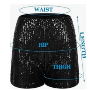 Measurement guide for black sequined slim fit fashion hot pants showing waist and hip sizes