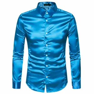 Camisa de satén azul para hombre con mangas largas y cuello clásico de botones