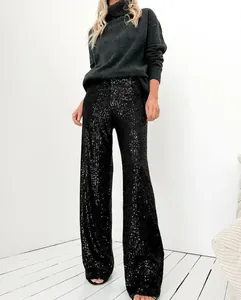 Elegant black sequined wide-leg trousers with a stylish high-waisted fit for parties.
