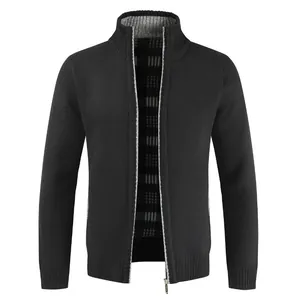 Men's casual black knitted cardigan jacket with a stand collar and plaid lining