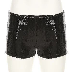 Macro view showing the detail of black sequined low-waist slim fit fashion hot pants