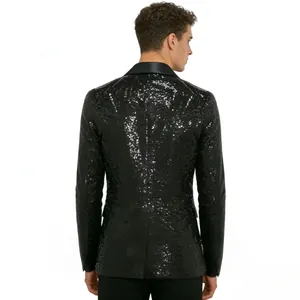 Detail view of the back of a men's black sequin blazer with a satin shawl collar
