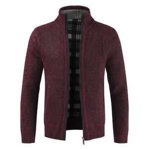 Men's casual dark red knitted zip-up cardigan sweater with a warm plaid fleece lining