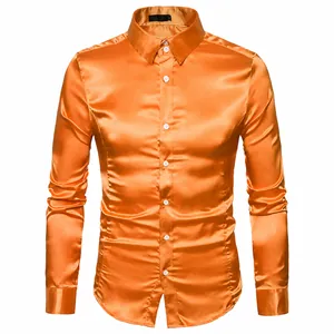 Camisa de satén naranja vibrante de manga larga con detalle clásico de cuello abotonado de lujo