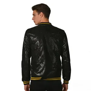 Back view of men's fashion black sequin jacket with striped stand collar details.