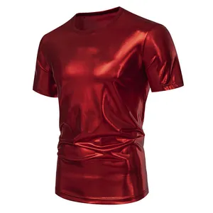 Close-up of men's metallic red shiny T-shirt with a reflective wet-look finish.