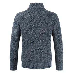 Back view of men's blue melange knitted cardigan sweater with ribbed hem and high collar