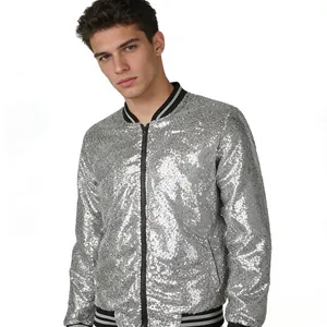 High-quality detail showing the silver sequin texture of this stylish men's bomber jacket