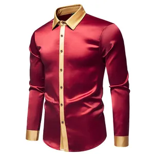 Detail des weinroten Satin-Seiden-Langarmhemdes für Herren mit goldenen Farbakzenten