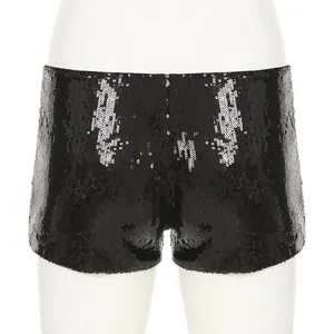 Detail view of stylish black sequined low waist slim fit hot pants for women's fashion