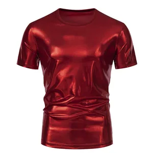 Detailed close-up of metallic red shiny short sleeve round neck T-shirt for men's party wear
