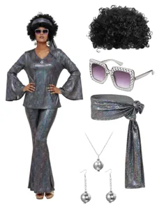Set costume disco anni '70 con top olografico, pantaloni a zampa e accessori retrò