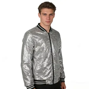 Detail view of men's silver sequined bomber jacket with black and white striped trim