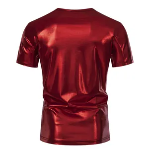 Detail showing the back view and shiny metallic texture of a men's red short sleeve T-shirt