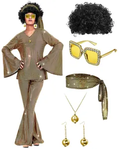 Set costume disco anni '70 completo da donna con parrucca e accessori dorati