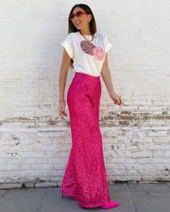 Chic hot pink sequined wide-leg trousers for women with high-waist design and sparkling finish