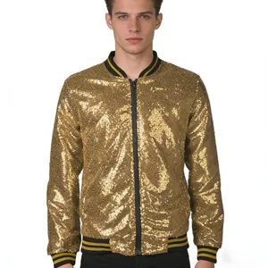 Front view of a men's shiny gold sequin bomber jacket with black and yellow striped ribbing