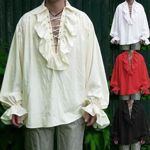 Vintage men's medieval ruffled shirt with lace-up neckline in four classic colors