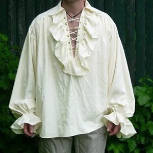 Vintage renaissance men's ruffled lace-up shirt with puffy sleeves in cream white