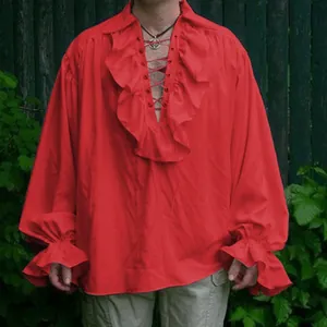 Vibrant red vintage men's ruffled shirt with lace-up V-neck collar for pirate cosplay