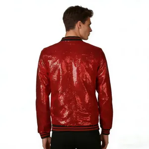 Back view of a fashionable red sequin men's jacket with striped rib-knit trim details