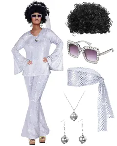 Costume da discoteca anni '70 da donna con paillettes parrucca afro e accessori