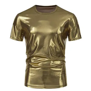 Detailed close-up of the shiny gold metallic texture on this men's stage performance T-shirt.