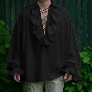 Vintage black ruffled men's shirt with lace-up front and puffy sleeves for cosplay costume