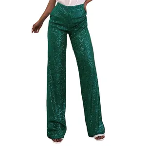 Detailed view of emerald green sequined high-waisted straight leg trousers for women