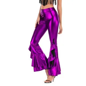 Pantalon évasé en similicuir violet brillant avec ourlet à volants étagés pour les fêtes